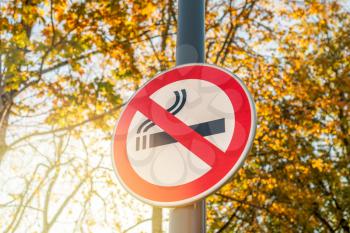 Smoke-Free sign agains park trees background. Red prohibition no smoking sign. 