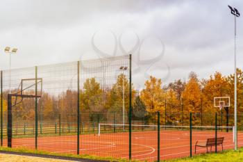 Sports ground in courtyard of residential complex. Public sports grounds for team games of sport.