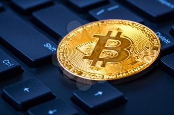 One golden bitcoin on keyboard.Virtual money and mining cryptocurrency concept