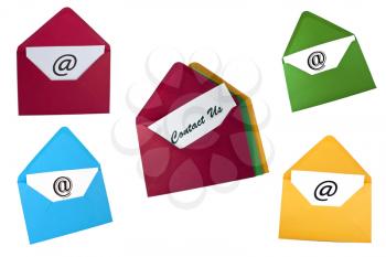 Set of email symbol and contact us card in envelopes isolated on white