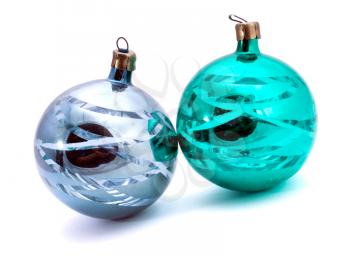 Two christmas tree decoration balls isolated on white