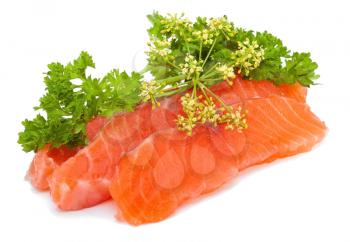 Salmon slices with parsley on white background