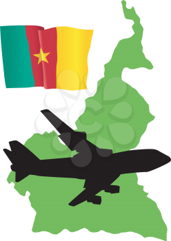 Royalty Free Clipart Image of a Flight to Cameroon with a Flag 