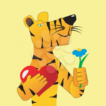 Royalty Free Clipart Image of a Tiger Holding a Valentine's Gift