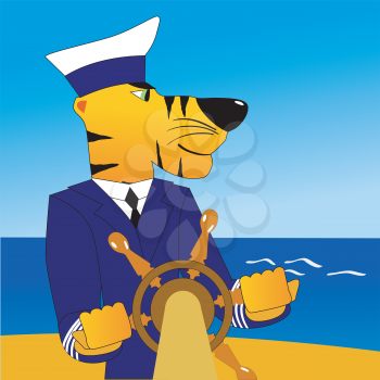 Royalty Free Clipart Image of a Tiger Steering a Boat