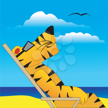 Royalty Free Clipart Image of a Tiger Suntanning on a Beach