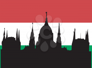 silhouette of Budapest on Hungarian flag background