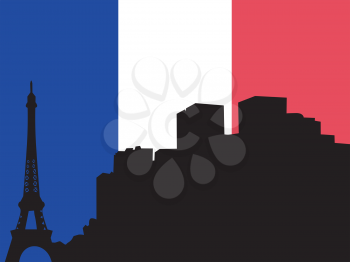 silhouette of Paris on French flag background