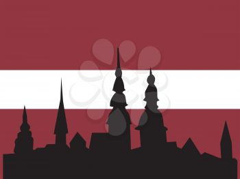 silhouette of Riga on Latvian flag background