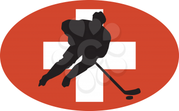 hockey player on background of flag of Switzerland