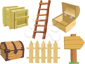 Set of different wooden objects on white