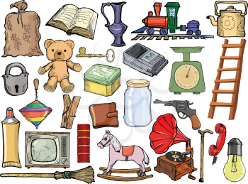 set of vector, cartoon illustration of vintage objects