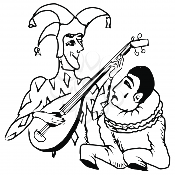 hand drawn, doodle illustration of Harlequin and Pierrot