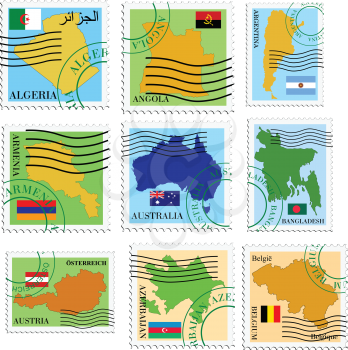 set of vector stamps with national flags and maps