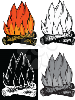 Editable vector illustrations in variations. Campfire