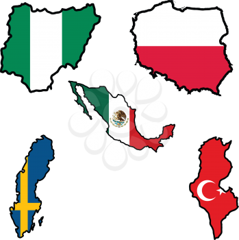 Illustration of flag in map of Nigeria,Poland,Mexico,Sweden,Tunisia
