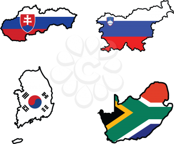 Illustration of flag in map of Slovakia,Slovenia,South Africa,South Korea