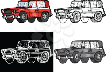 Editable vector illustrations in variations. Off-road car