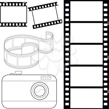 set of vector, outline illustrations of film strips and photocamera