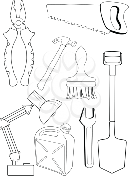 set of vector, outline illustrations of different tools