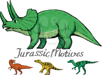 set of dinosaurs, jurassic motive, triceratops, tyrannosaurus and other dinosaurs
