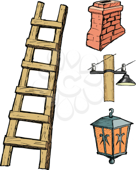 wooden ladder with different vintage objects, vector images