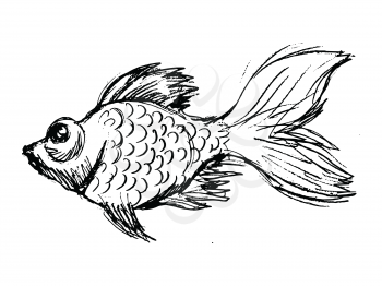 Vector, hand drawn, sketch, cartoon illustration of goldfish. Motives of underwater life, wildlife, fairy tales, aquatic animals