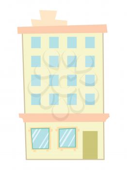 Vector, colored illustration of multi-storey building. Front view. Motives of city life, real estate, high building