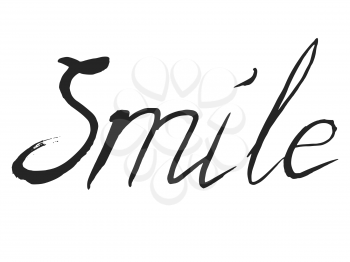 Vector, handwritten inscription of word smile. Motives of conceptual print, design, typography, greetings, emotion, funny, happiness, joy, gifts