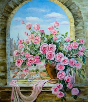 Vector picture oil paints on a canvas: a bouquet of peonies at the window