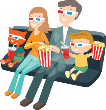 Family Sitting in the Cinema and Watching a Movie. Colorful Vector Illustration