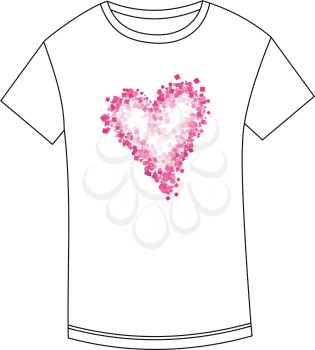 T-shirt abstract drawing of heart. Heart print for T-shirt. Heart for Valentine's Day. T-shirt with heart made of squares.