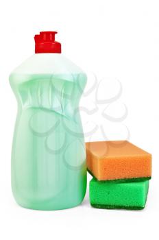 Green bottle with detergent and two sponges isolated on white background
