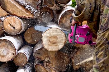 A man with a chainsaw sawing a log against the lumbers
