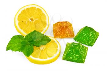Yellow and green jelly with lemon and mint isolated on white background