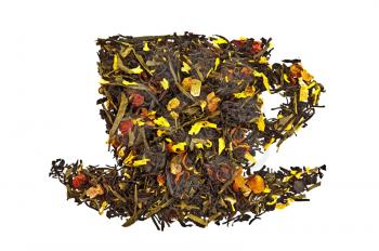 A mixture of black and green dry tea with petals of sunflower, rose, fruit of rose hips and papaya in form cup isolated on a white background