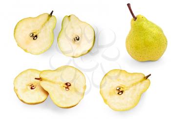 Halves of the sliced pears, whole pear isolated on white background