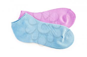 Two pairs of women's socks pink and blue isolated on white background