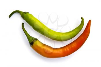 Two pods of hot pepper orange and green isolated on white background