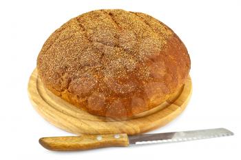 White wheat bread on a wooden board and a circular knife isolated on white background
