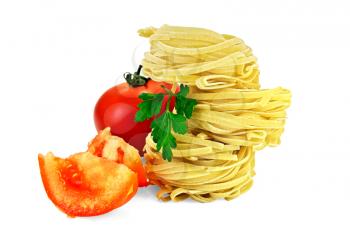 Crude twisted noodles with red whole and two slices of tomato, green parsley isolated on white background