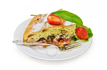 Pie with strawberry and sorrel on a plate with a fork isolated on white background