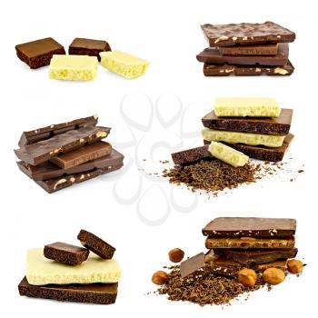 A stack of different chocolates, lots of grated chocolate, slices of white and dark chocolate, hazelnut kernels isolated on white background