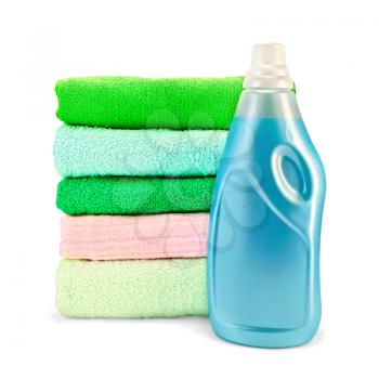 One bottle of blue fabric softener, stack of towels isolated on white background