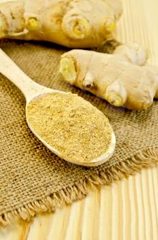Wooden spoon with the powder of ginger, ginger root on a napkin on a burlap background wooden board