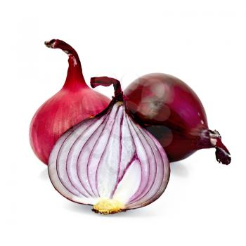 Two whole and one sliced purple onion isolated on a white background
