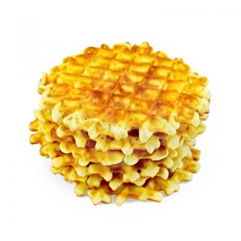 A stack of golden round waffles isolated on white background