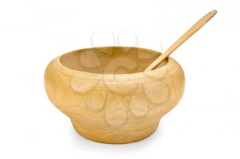 Wooden bowl and spoon isolated on white background