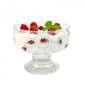 Thick yogurt with raspberries and mint in a glass sundae dish, raspberries isolated on white background