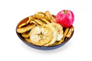 Fresh red apple and dried apple slices in a bowl isolated on white background